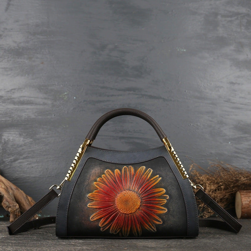 Messenger Bag Leather Sunflower Embossed Lady's Handbag