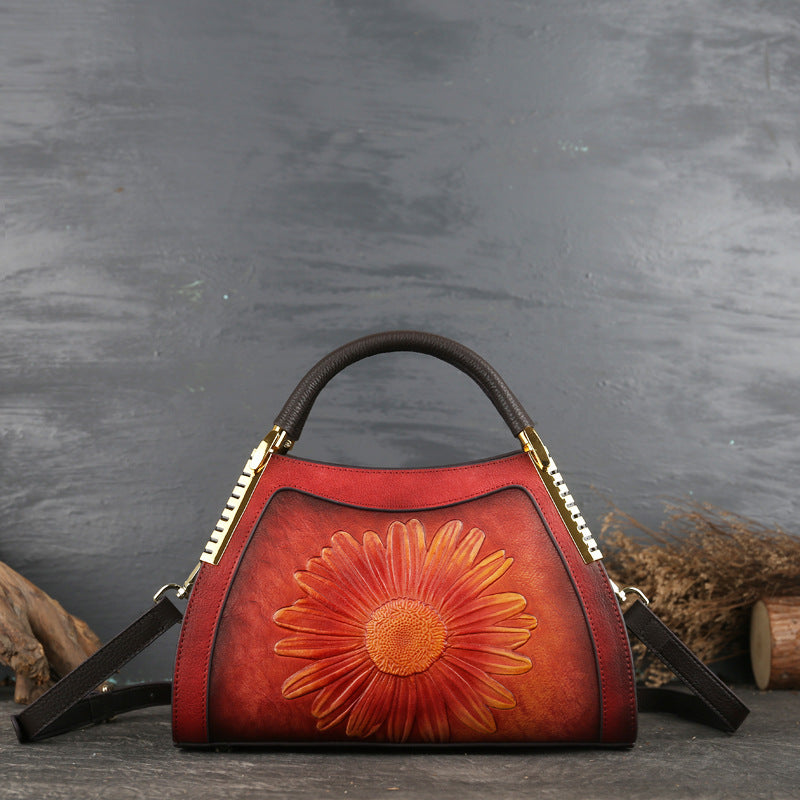 Messenger Bag Leather Sunflower Embossed Lady's Handbag